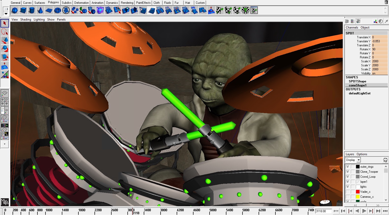 A behind the scenes screenshot of a Maya interface shows how a Yoda clip from Video Mods came together.