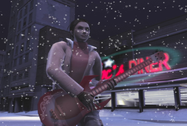 A character from Indigo Prophecy plays guitar while standing in front of a diner in the snow at night