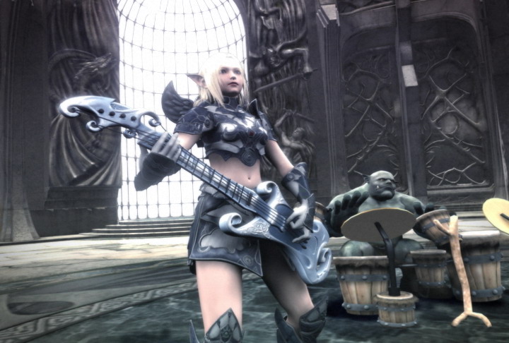 A character from Lineage 2 plays guitar inside what looks to be a church or gothic building.