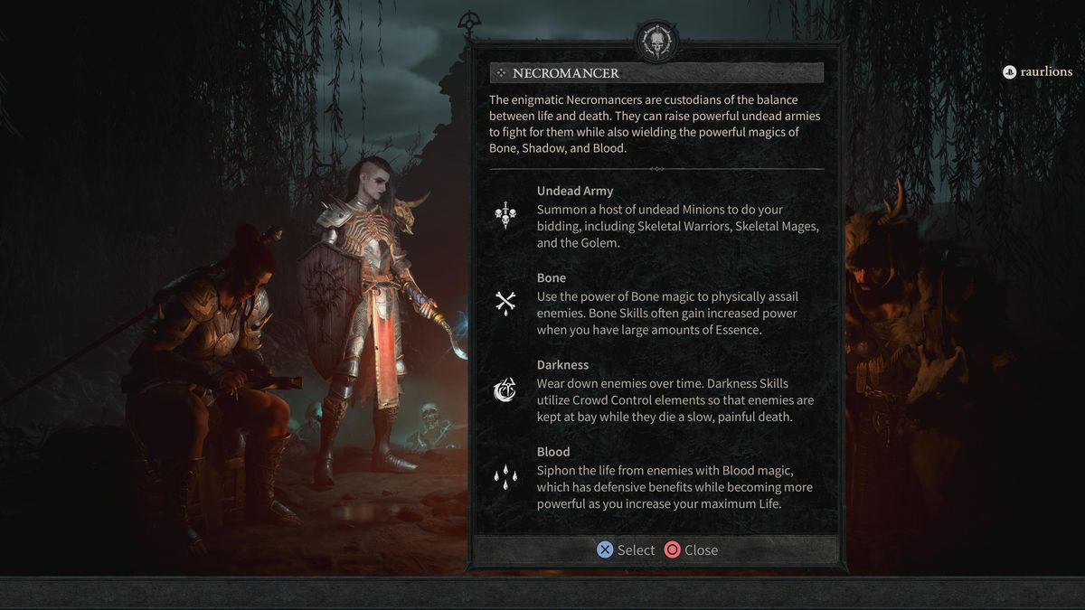 A necromancer stands at a campfire next to a text description of the necromancer class in Diablo 4.