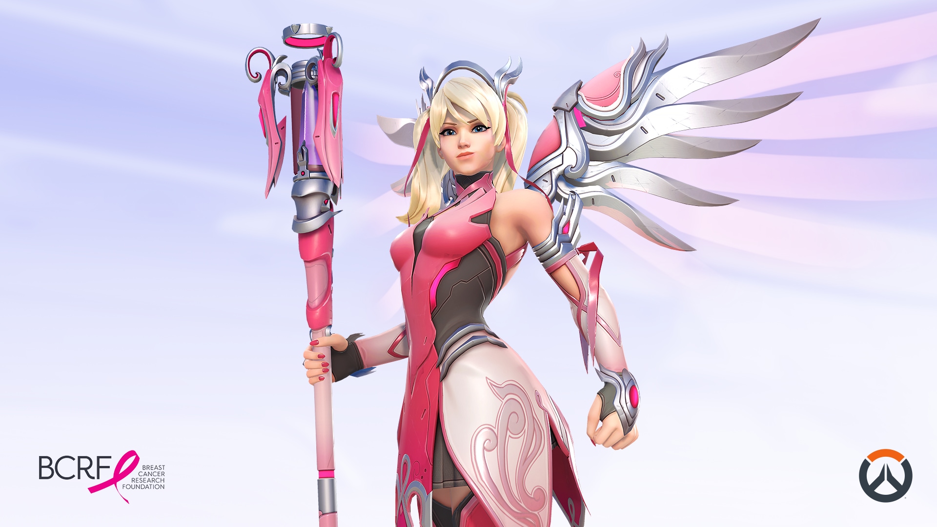 An image of Pink Mercy from Overwatch. Her outfit is all pink and inspired by the pink breast cancer ribbon.