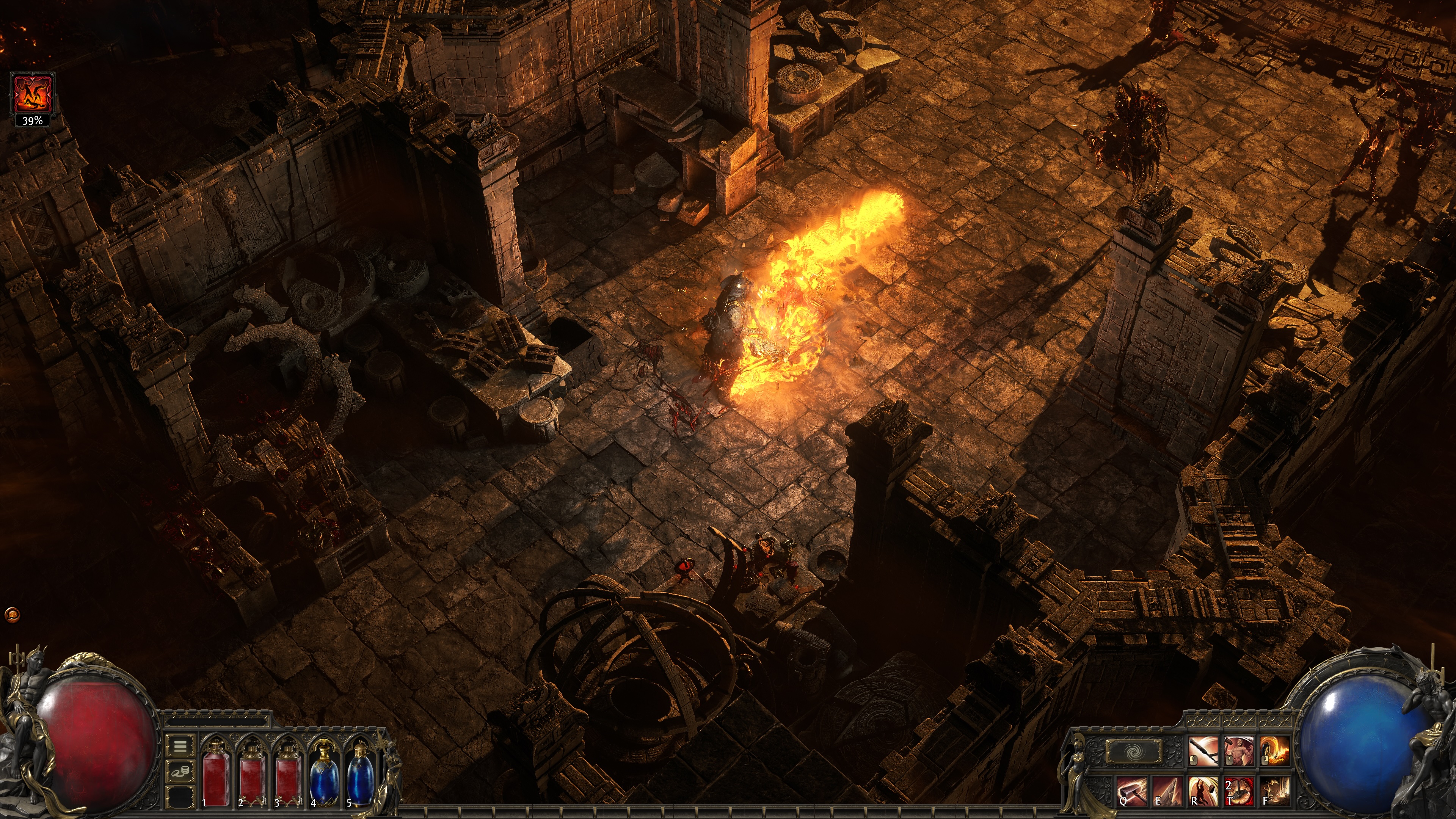 A Path of Exile 2 screenshot shows a warrior with a cloud of fire in front of him