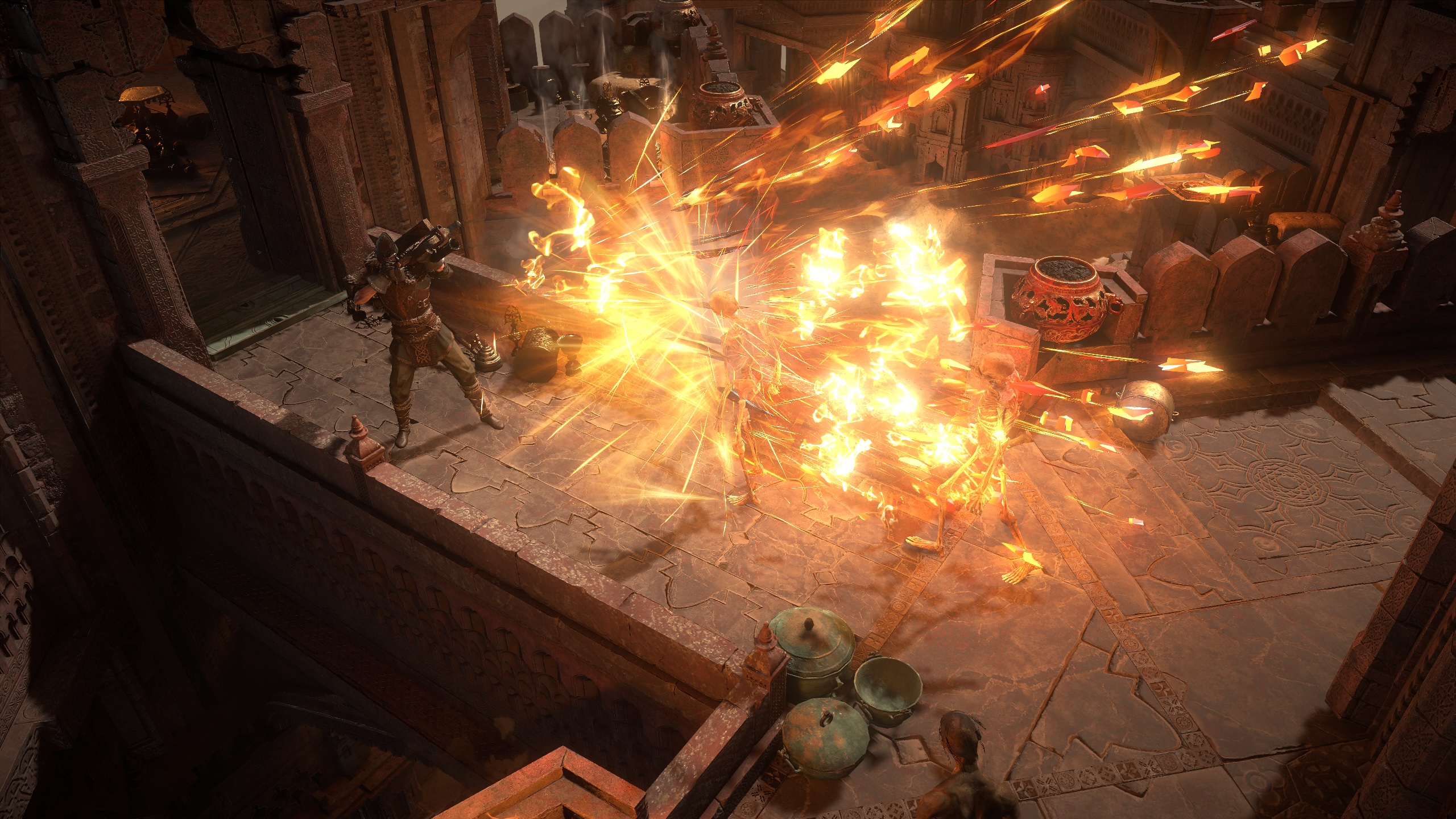 A zoomed-in Path of Exile 2 screenshot shows a Mercenary shooting a gun with dozens of particle effects