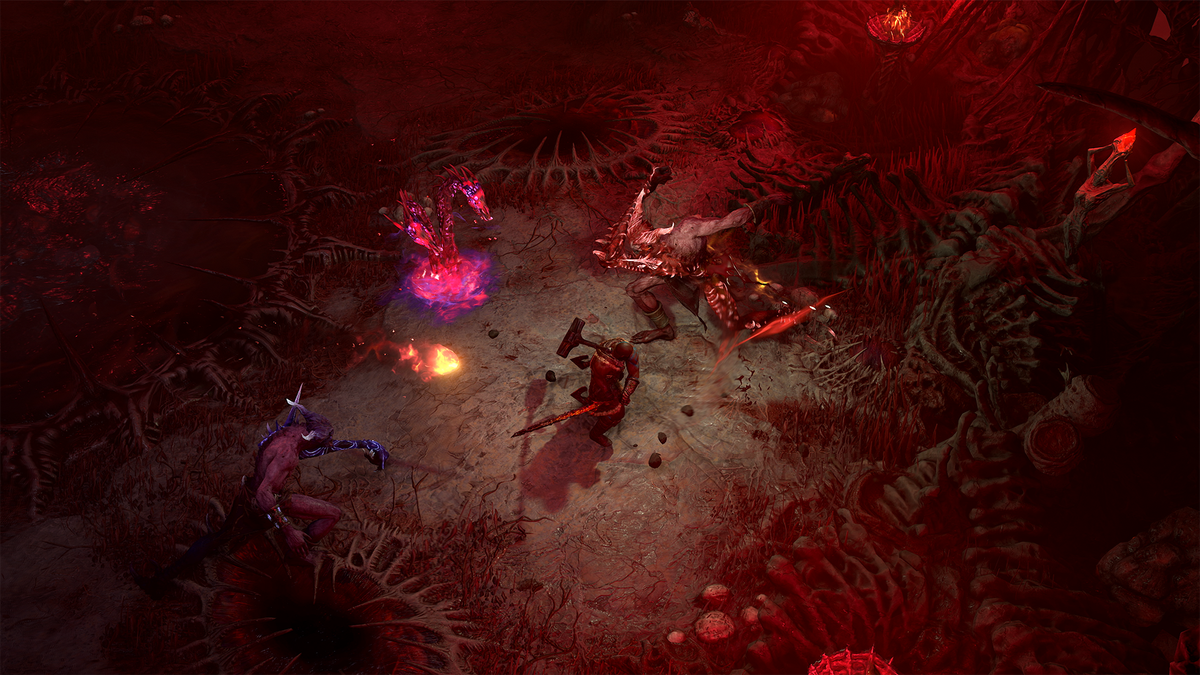 A Barbarian battles against a demon in Diablo 4