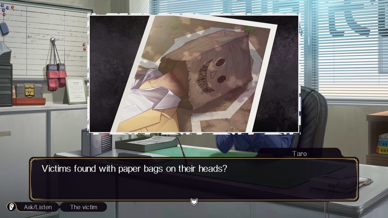 A photo of a body with a paper bag on its head, a smiley face having been drawn on the bag. A dialogue box underneath it reads, “Victims found with paper bags on their heads?”