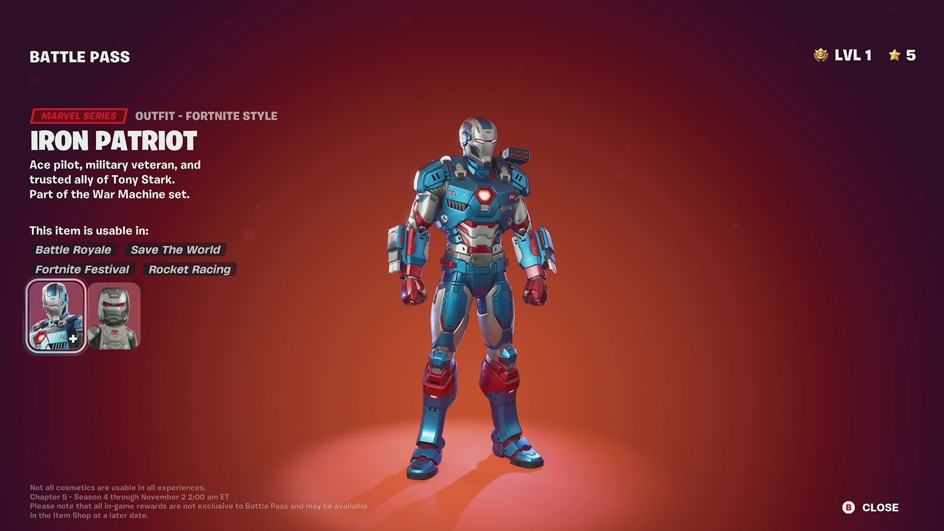 Iron Patriot skin in Fornite