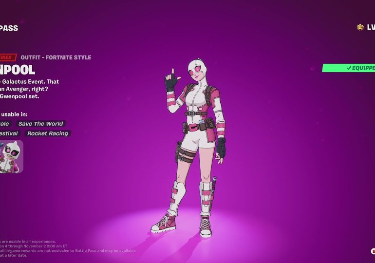 Fortnite Chapter 5 Season 4 battle pass skins list, including Gwenpool, Peelverine, Mysterio, and Shuri