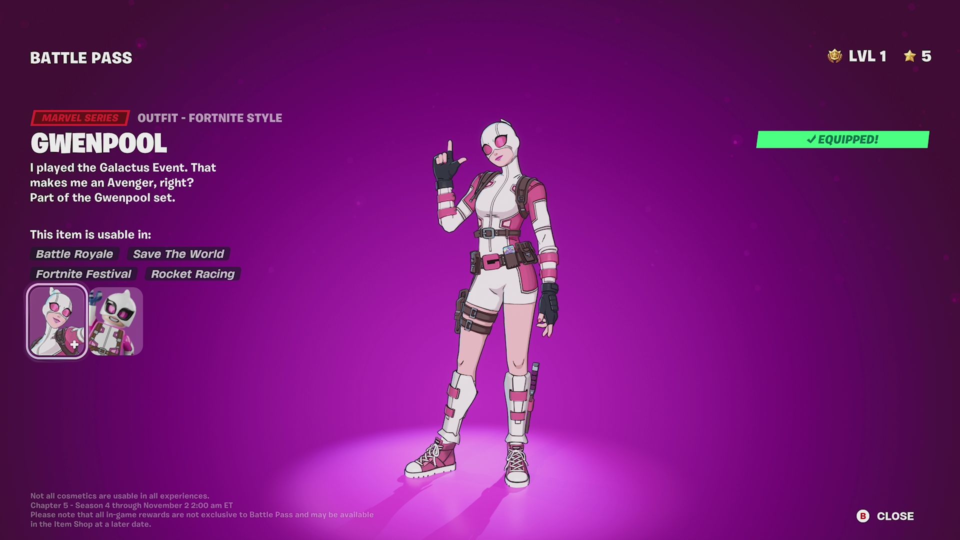 Fortnite Chapter 5 Season 4 battle pass skins list, including Gwenpool, Peelverine, Mysterio, and Shuri