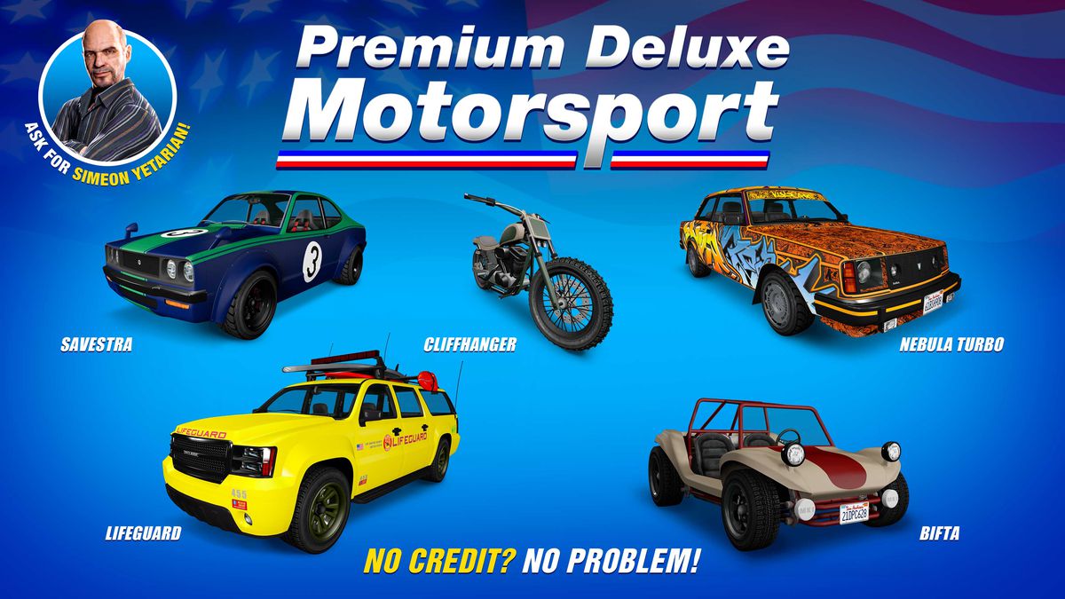 GTA Online promo art for vehicles for sale at Premium Deluxe Motorsport