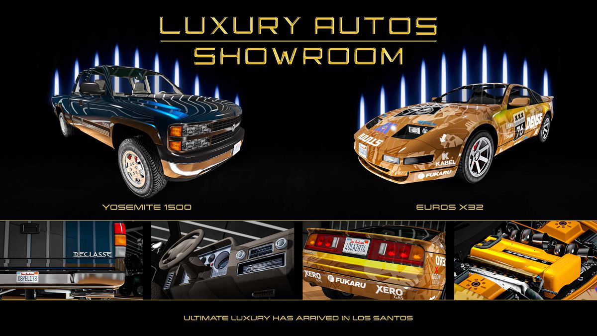 GTA Online promo art for vehicles for sale at Luxury Autos Showroom