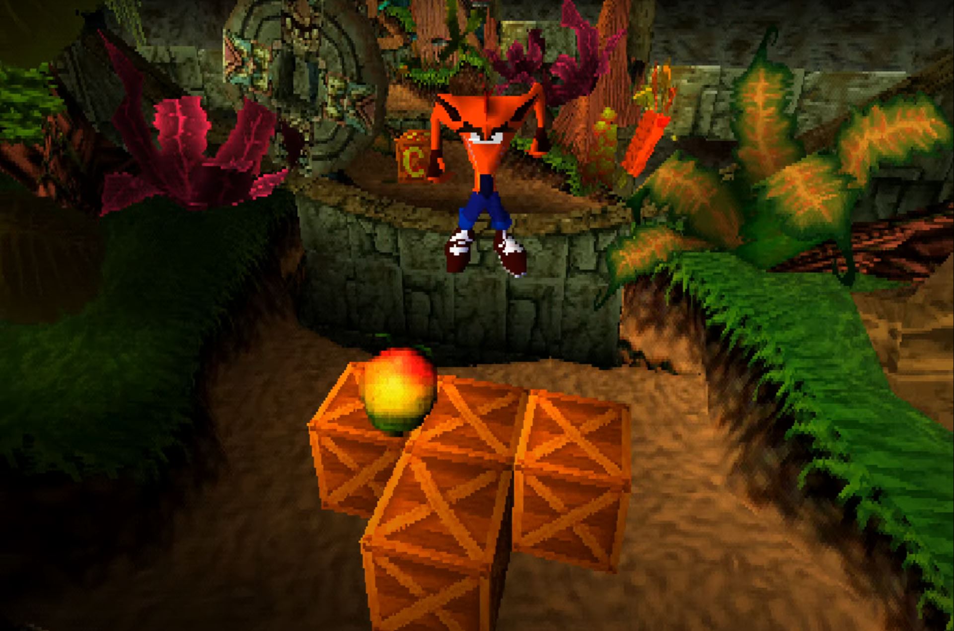 Crash Bandicoot jumps high in the air above a grouping of four crates, ready to smash down on top of them