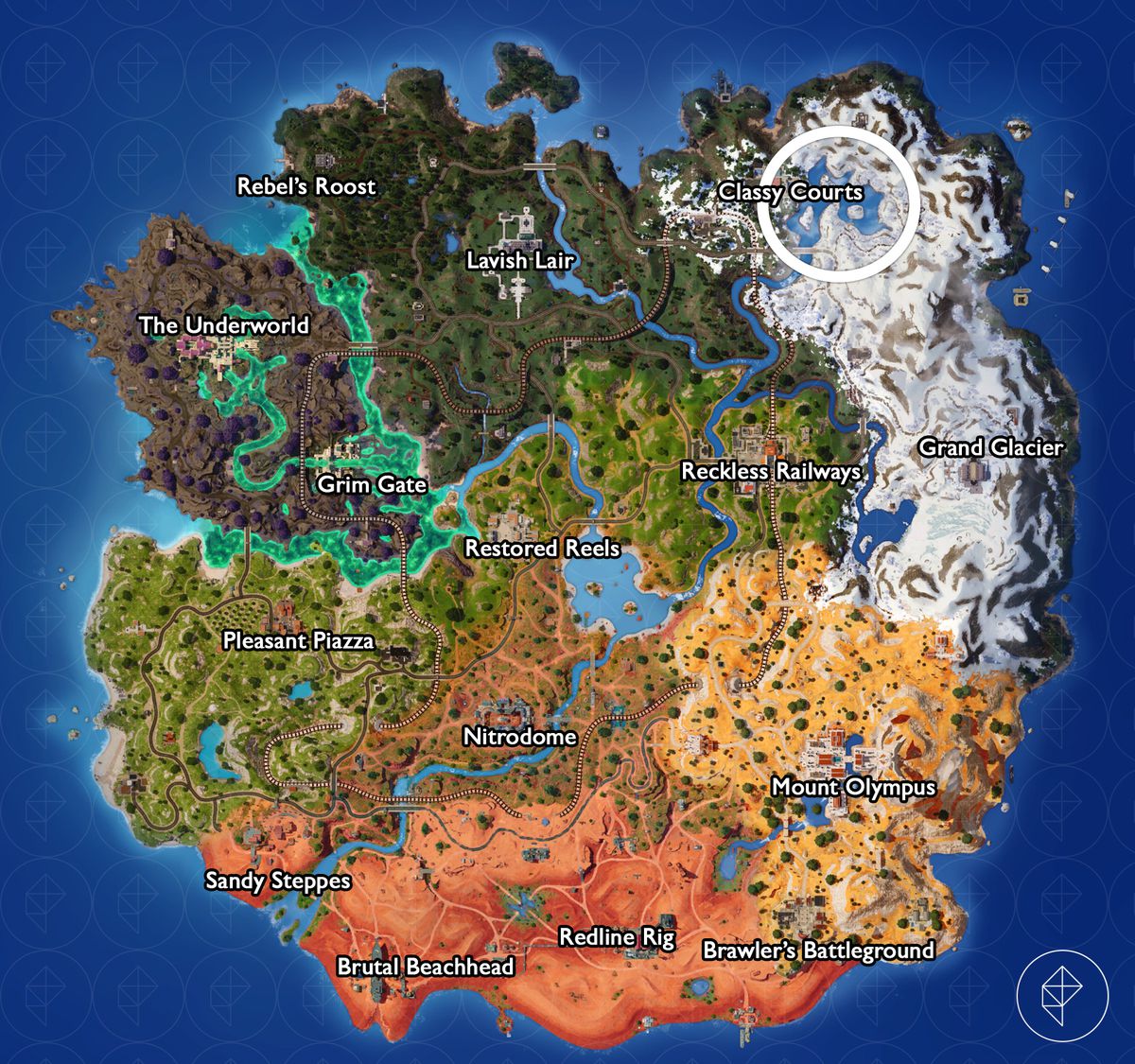 A map of the C5S3 Fortnite island, circling where to find the Fall Guys obstacle course