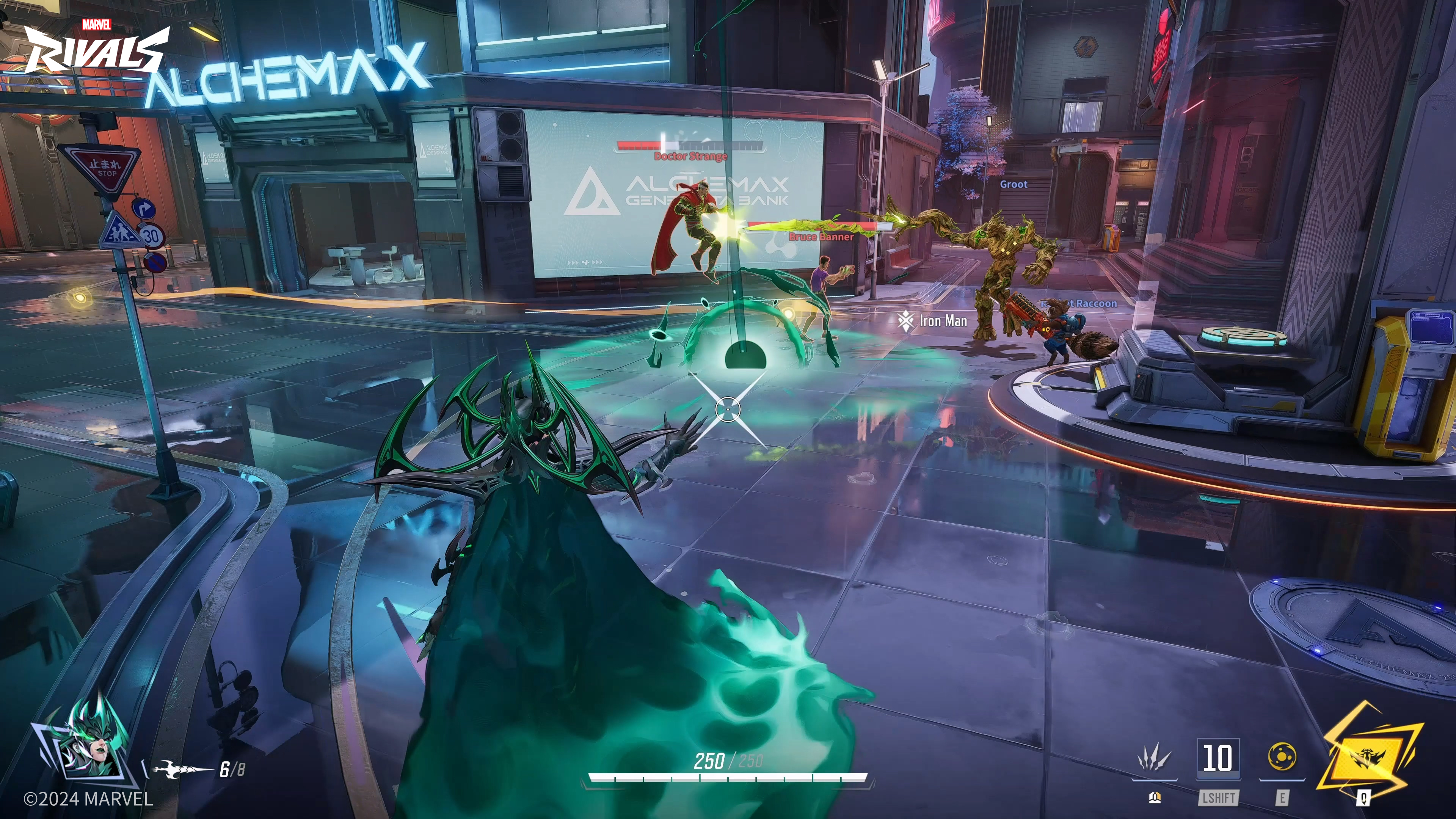 A Marvel Rivals screenshot shows characters shooting at each other in front of the Alchemax building