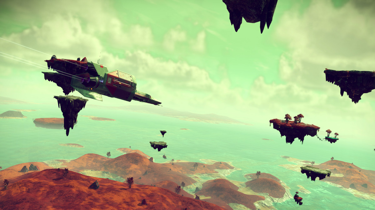 A spaceship in No Man’s Sky flies over the surface of a planet. The sky is cyan, and the land is covered with red grasses. In the air are floating platforms of land.