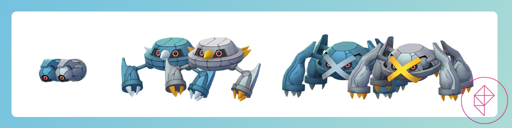 Shiny Beldum, Metang, and Metagross with their regular forms. All three shiny forms turn silver with gold accents.