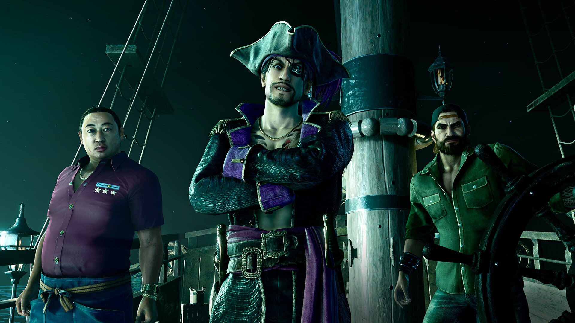 Longtime Yakuza character Goro Majima wearing a pirate outfit, with two other guys dressed as pirates standing on either side of him. The trio is on the deck of a ship