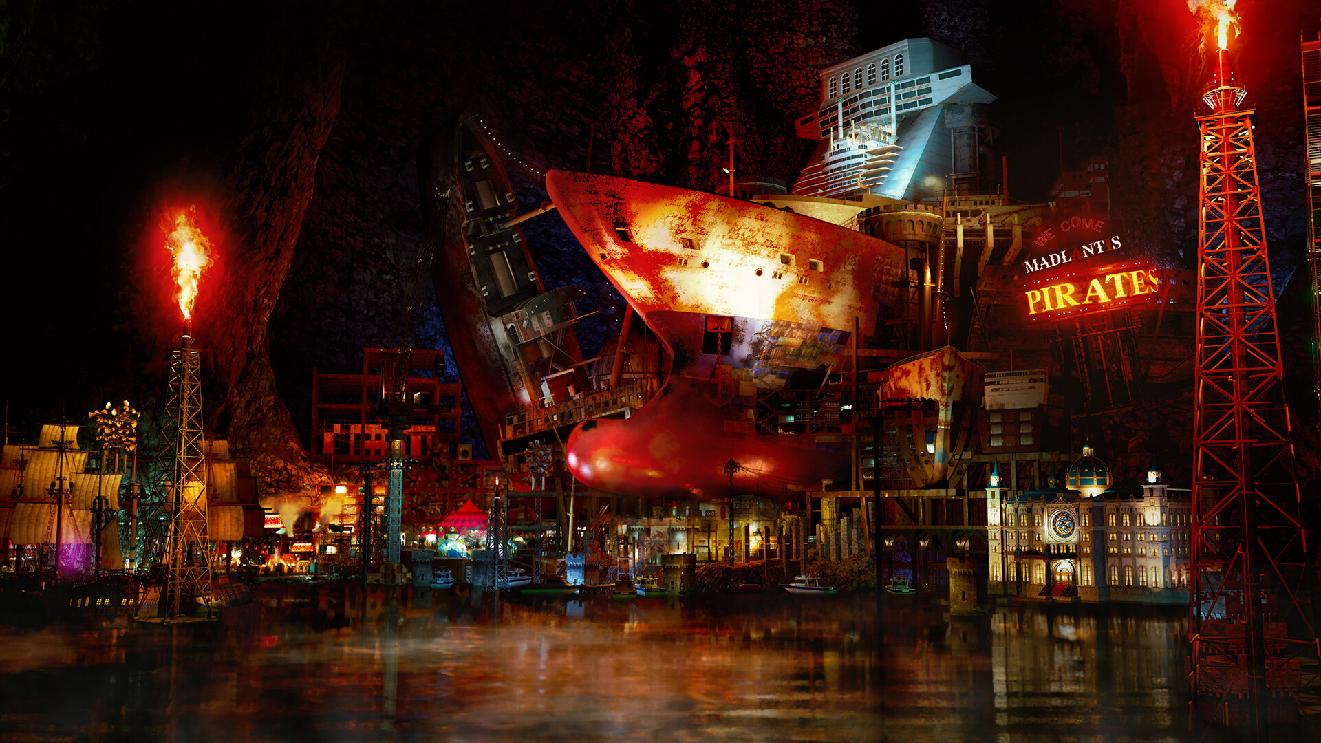 A modern shipwreck that’s somehow set in a brightly lit, urban city environment