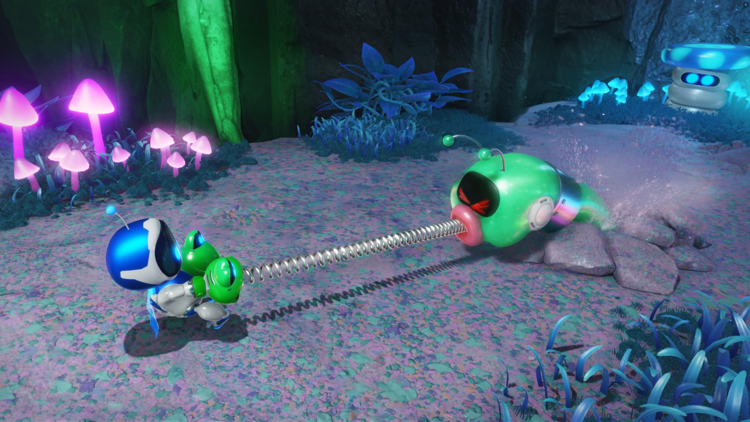 Astro Bot uses frog-faced gloves to attack an enemy bot monster in a screenshot from PS5 game Astro Bot