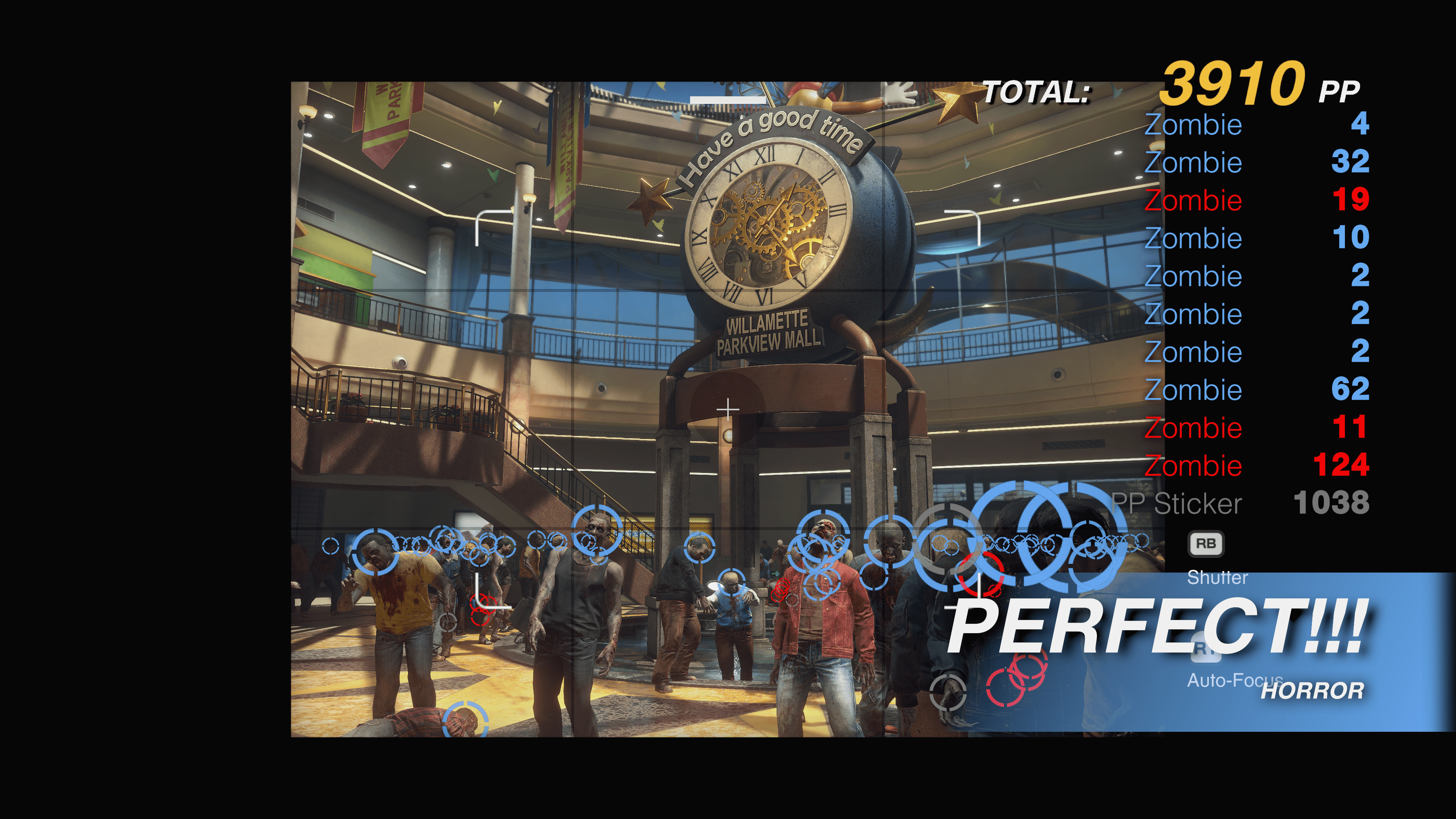 A screenshot showing a photograph of zombies and a mall clock rated Perfect!!! from Dead Rising Deluxe Remaster