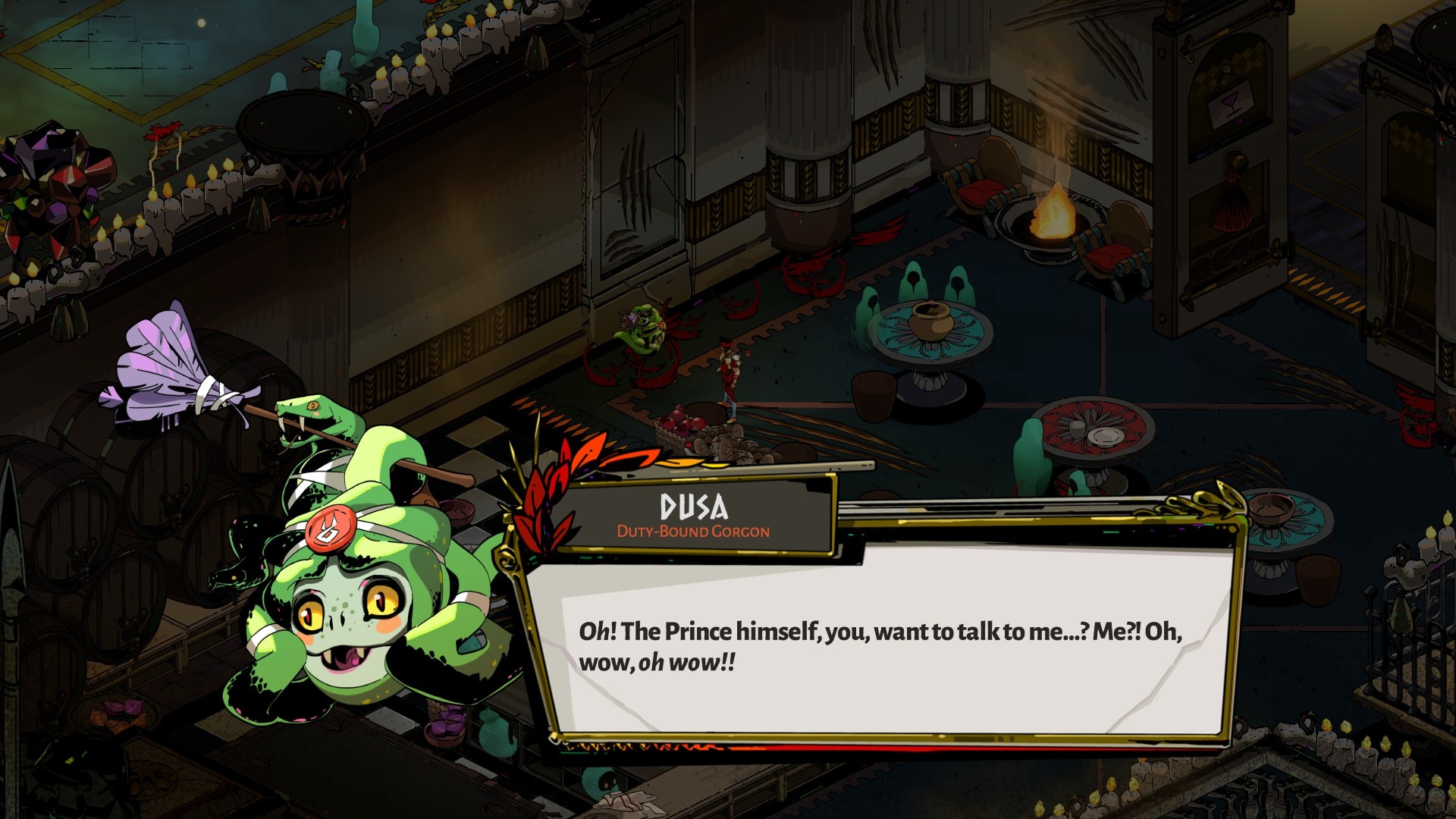 Dusa speaks with Zagreus in a screenshot from Hades