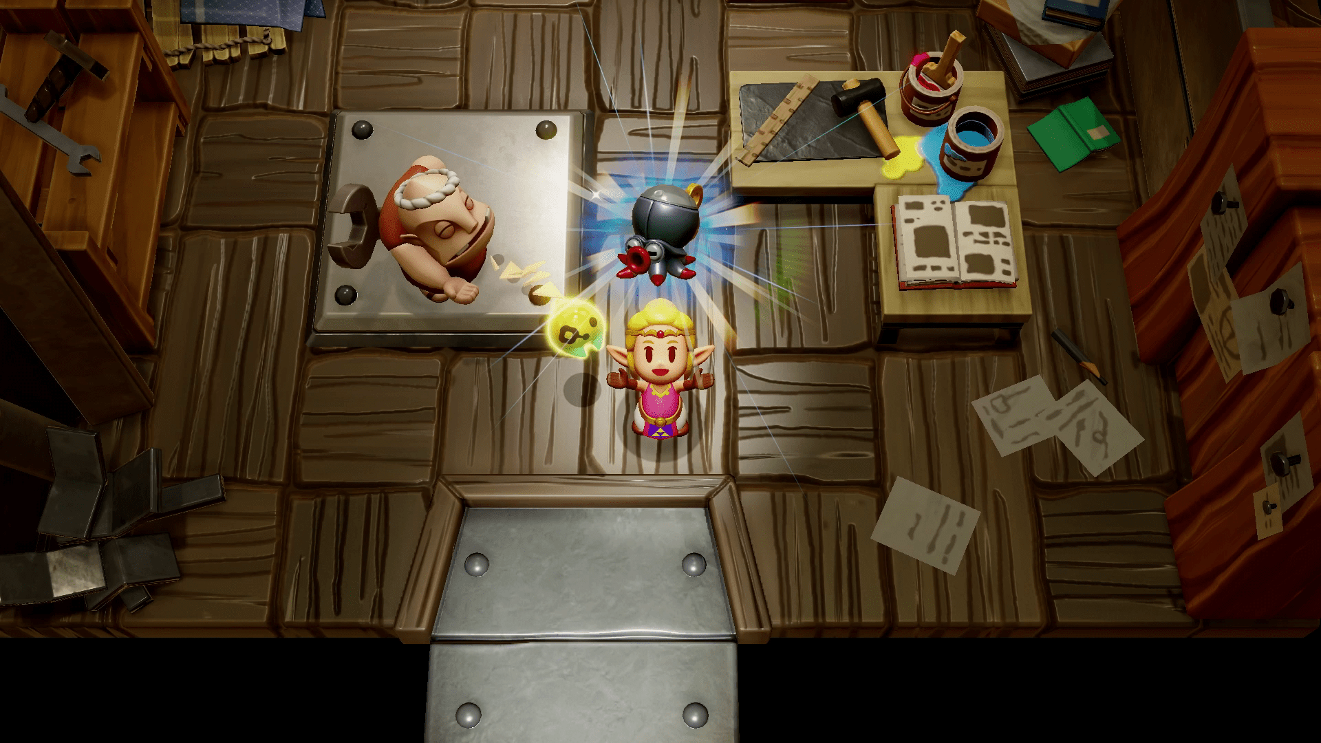 Zelda holds up a Tocktorok robot in Echoes of Wisdom