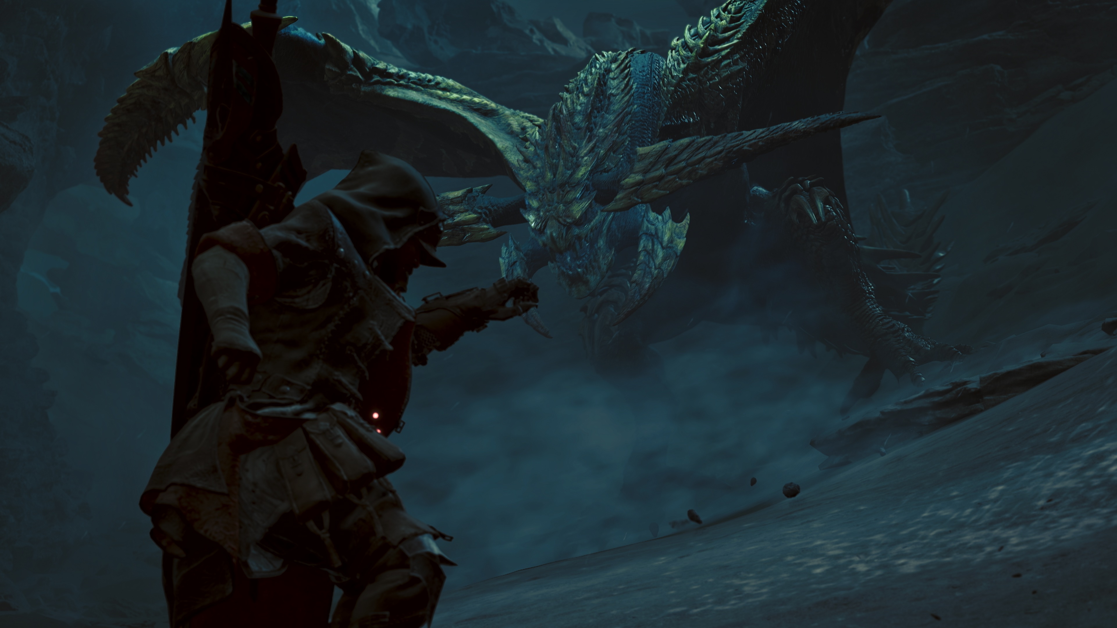 A Rey Dau stands in front of a hunter in a screenshot from Monster Hunter Wilds