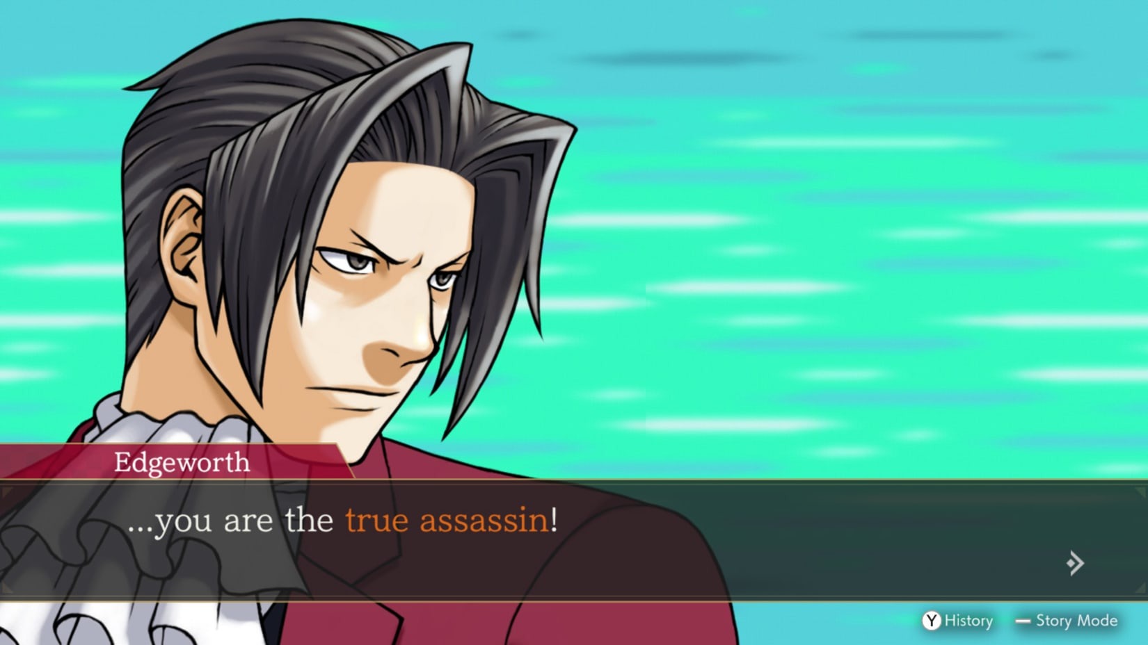 A zoomed-in shot of Miles Edgeworth, who is saying, “…you are the true assassin!”