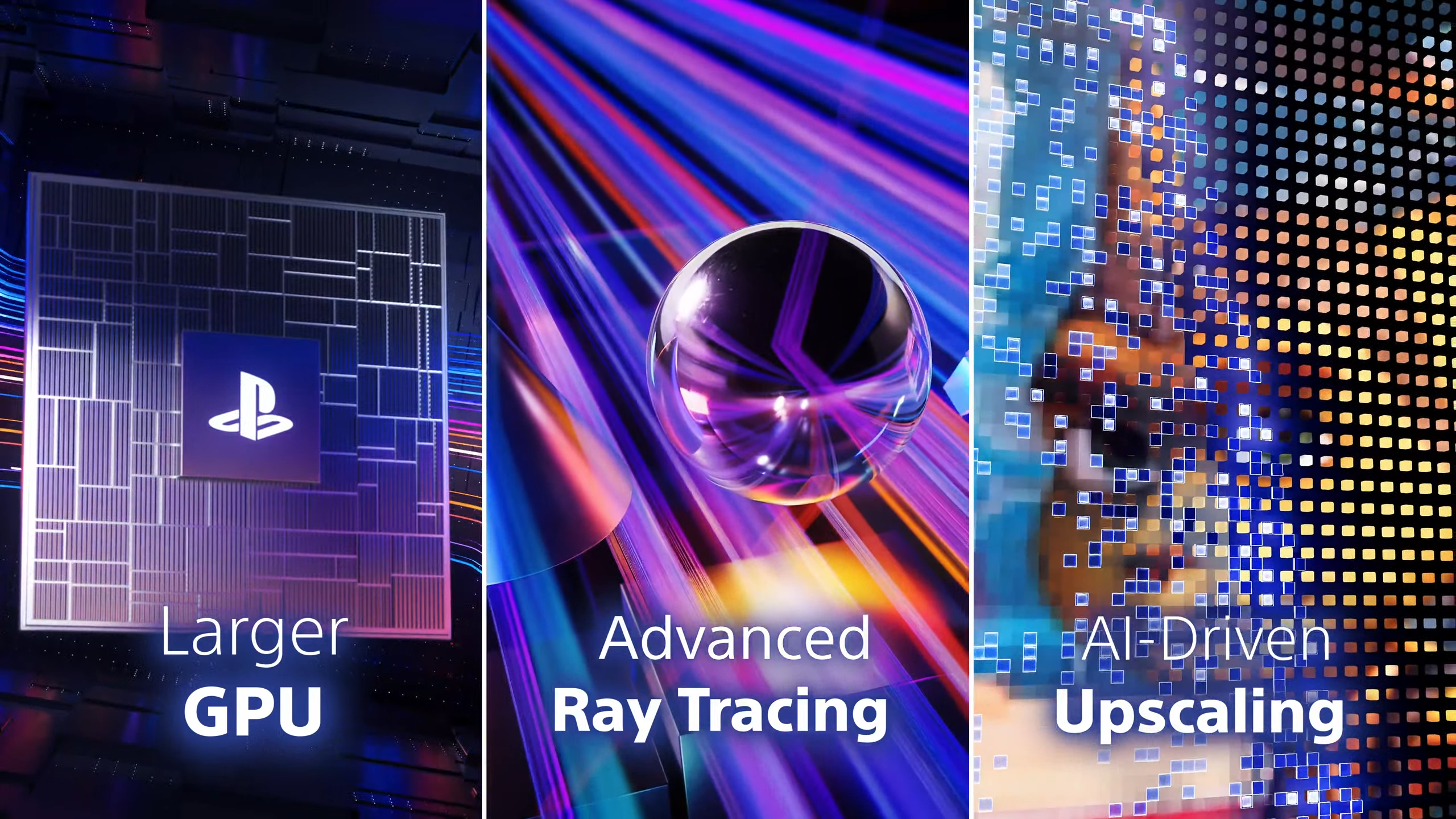 A graphic showing a larger CPT, advanced ray tracing, and AI-driven upscaling improvements for the PS5 Pro