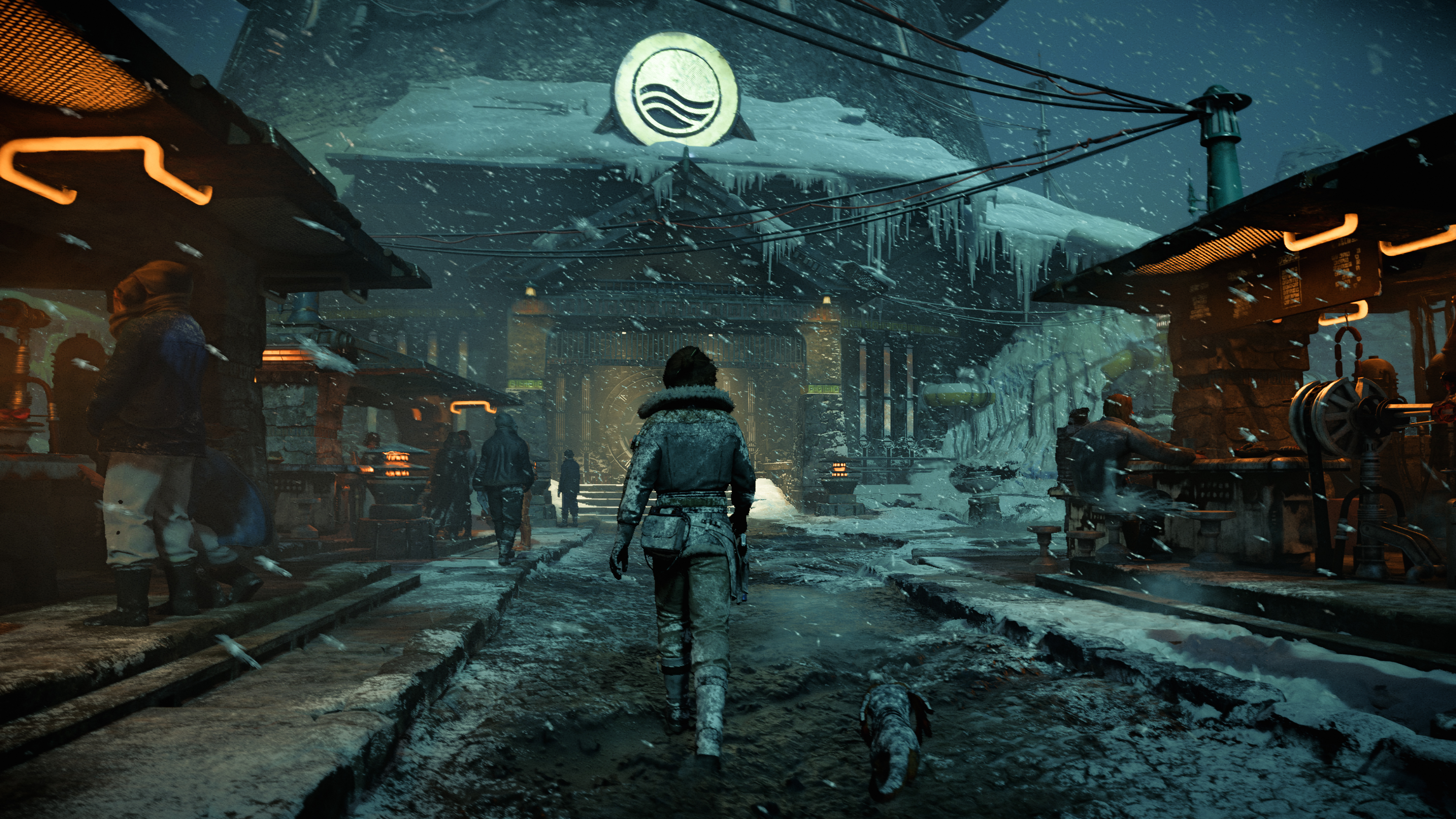 Kay Vess walking through a snowy urban street at night in Star Wars Outlaws