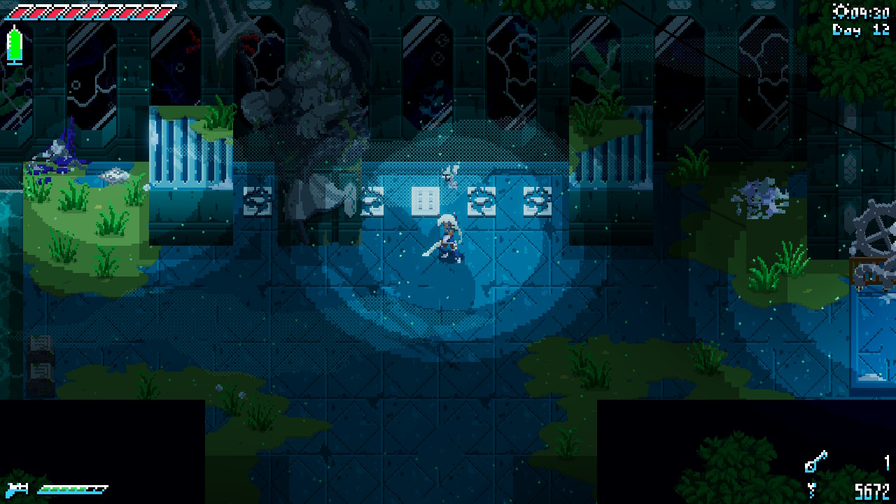 Alma stands in front of a puzzle in Unsighted, a game with a retro pixel aesthetic. The area the player is in has a moody blue-and-green color palette.