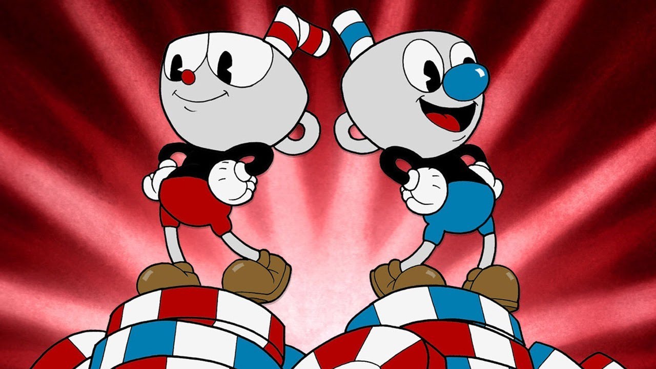 Cuphead and Mugman, who are animated in a 1930s style and have coffee mugs for heads, stand on top of poker chips in art for the game Cuphead.