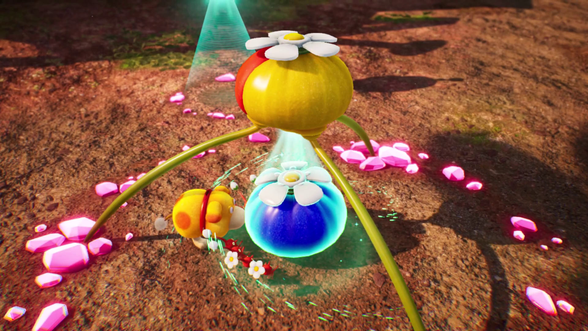 Oatchi and some Red Pikmin carry the Blue Onion to a Red and Yellow Onion in Pikmin 4