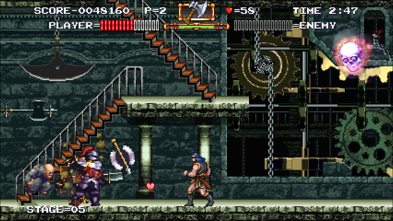 Simon Belmont faces an Ax Knight in a clockwork stage from Haunted Castle Revisited