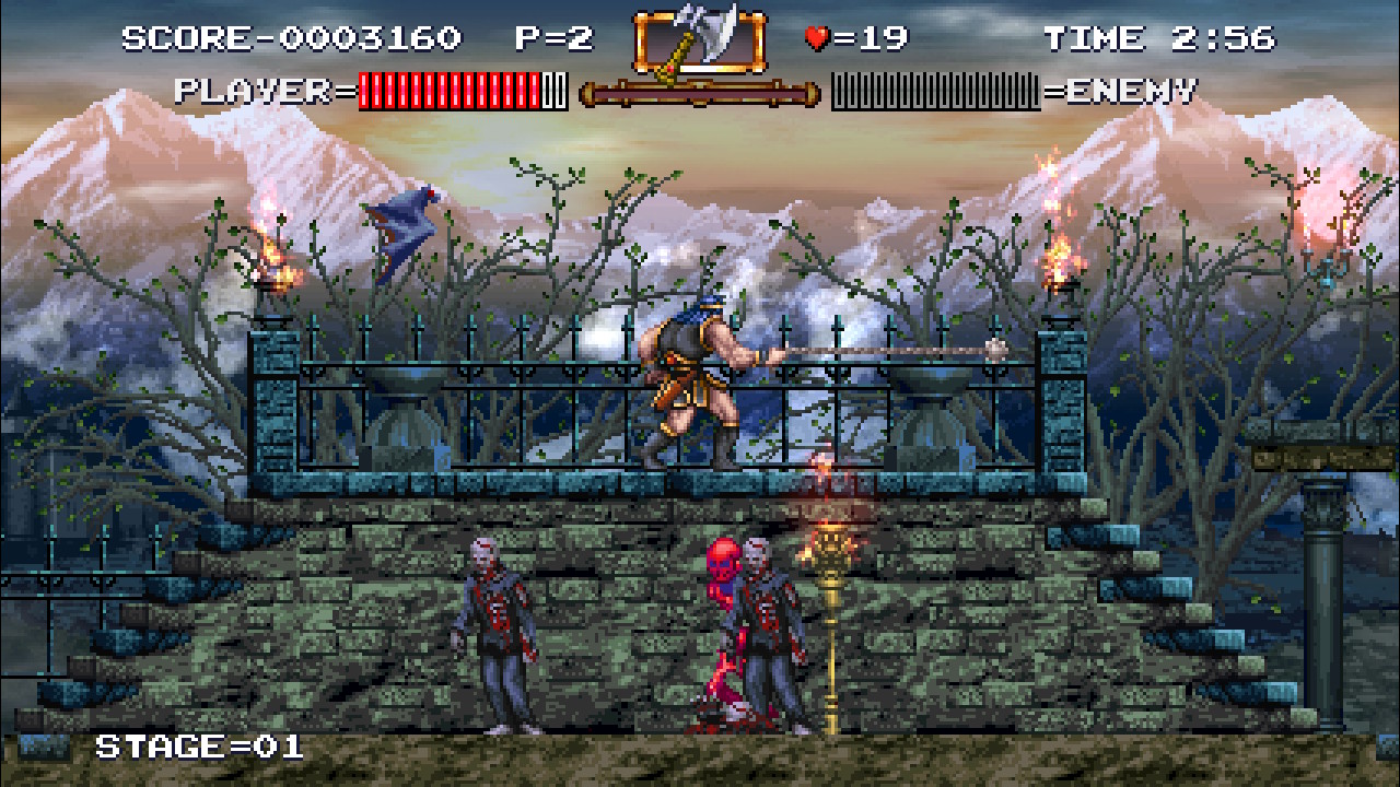 Simon Belmont stands on a ledge surrounded by skeletons, bats, and a zombie in a screenshot from Haunted Castle Revisited