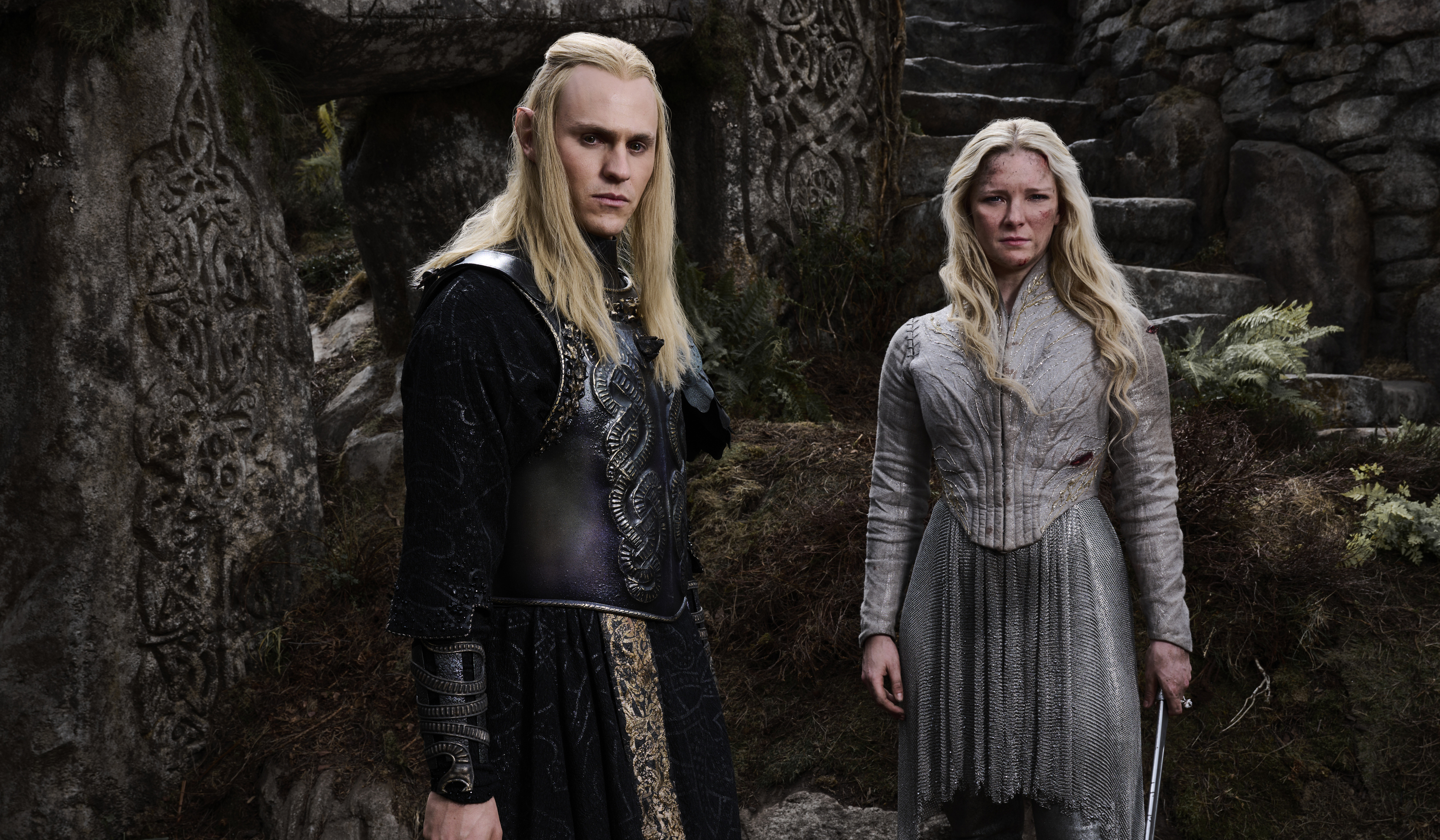 Sauron (Charlie Vickers) and Galadriel (Morfydd Clark) stand together in The Rings of Power