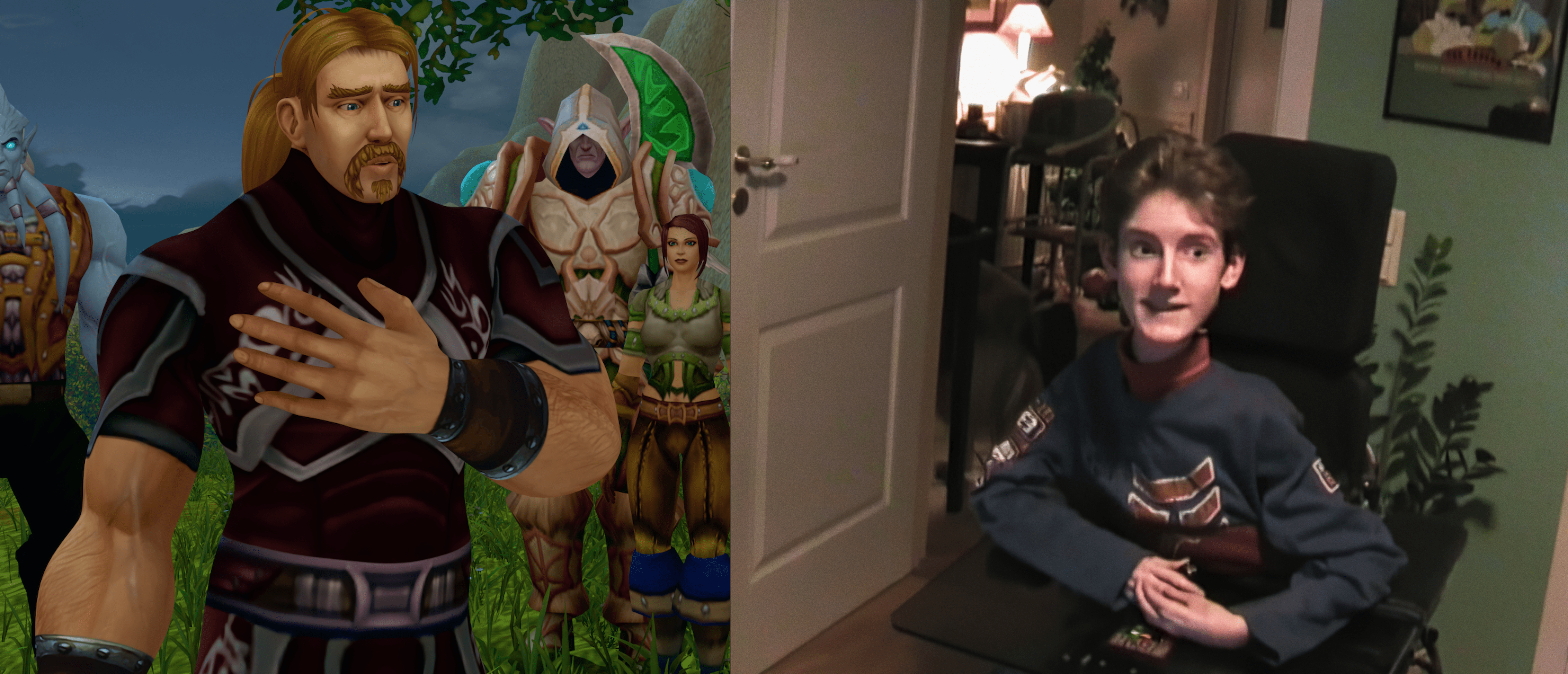 Side-by-side pictures of a World of Warcraft character and a young disabled man in a wheelchair