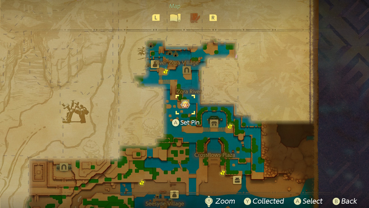 A map shows the location of Zora River Cave where there’s a golden egg in Zelda Echoes of Wisdom