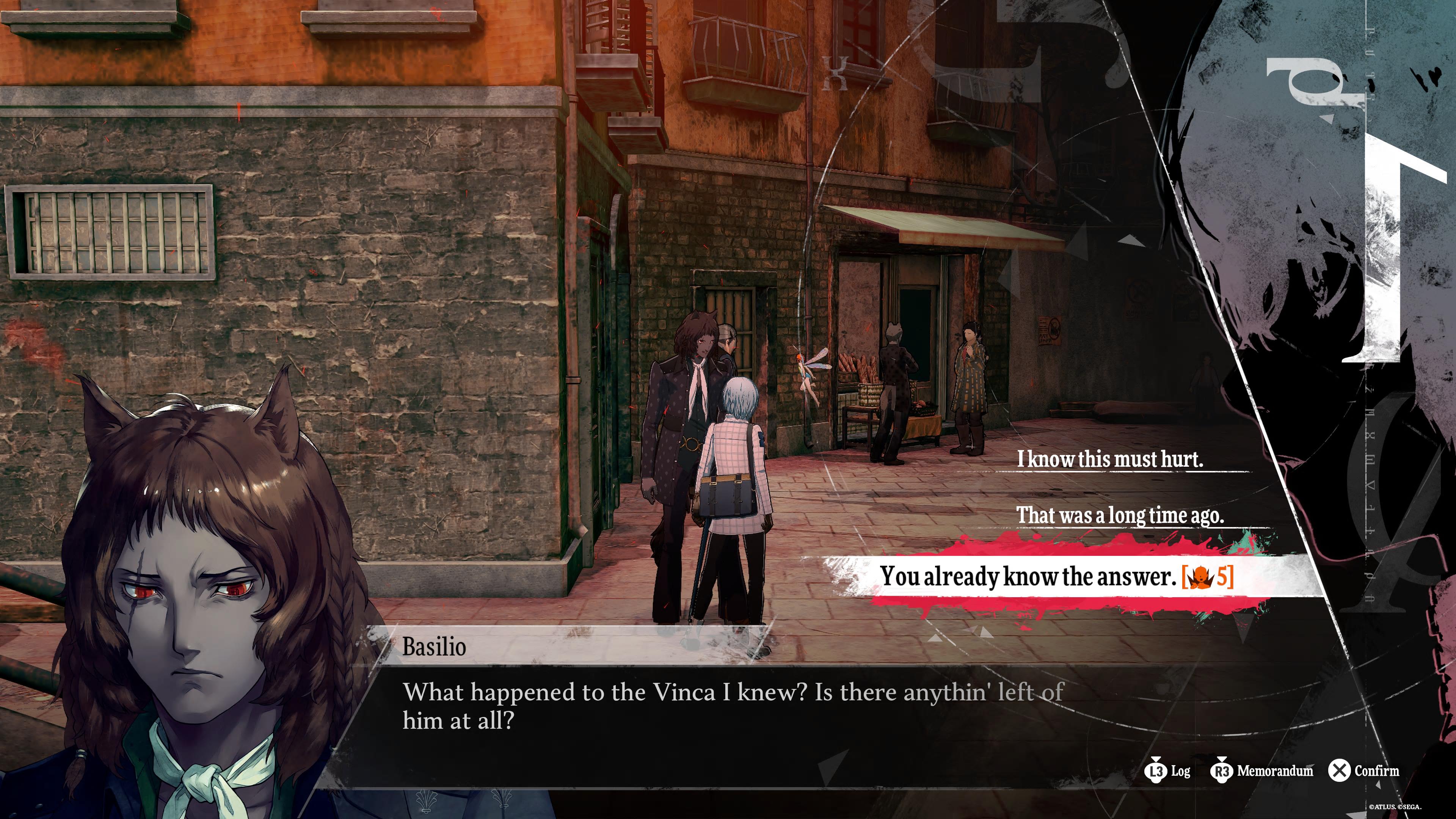 The main character of Metaphor ReFantazio talks to somebody in the street with the eloquence stat