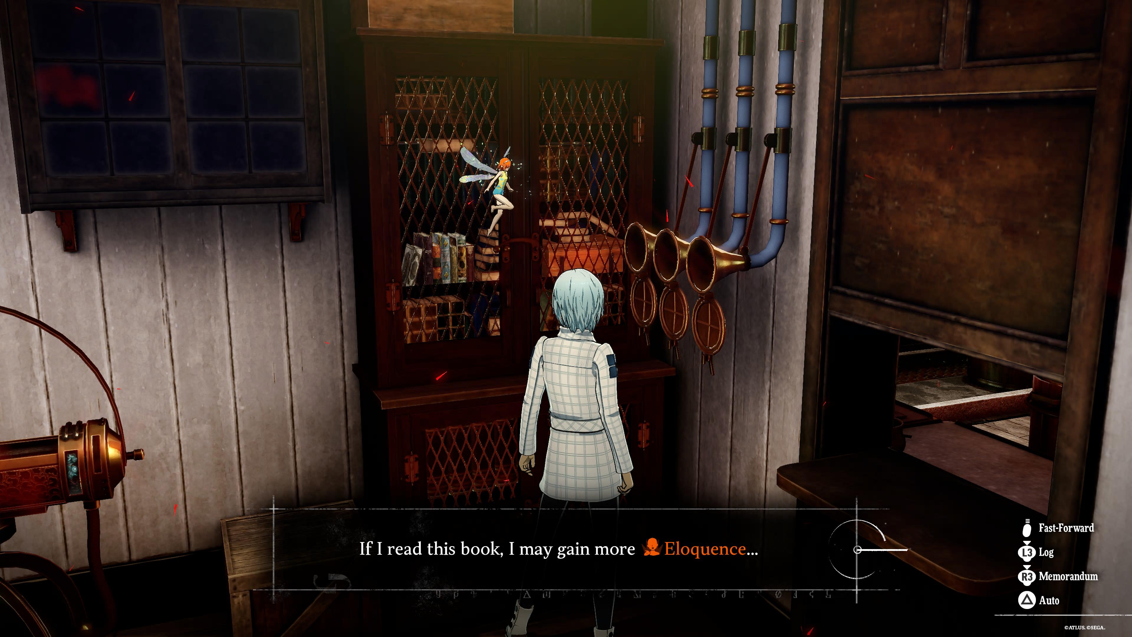 The main character of Metaphor ReFantazio stands near a bookshelf to gain eloquence