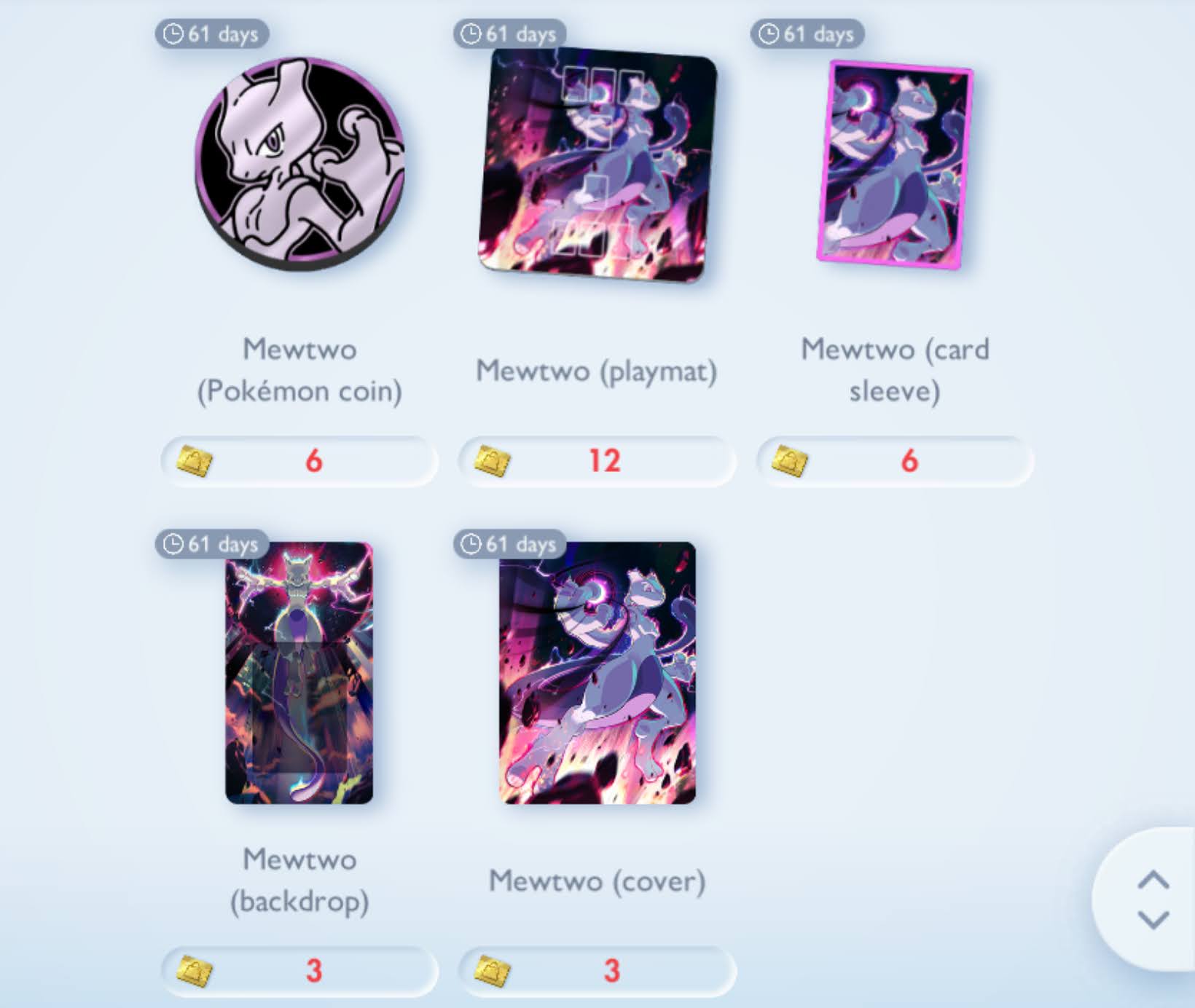 The Pokémon TCG Pocket Premium shop selection of Mewtwo accessories