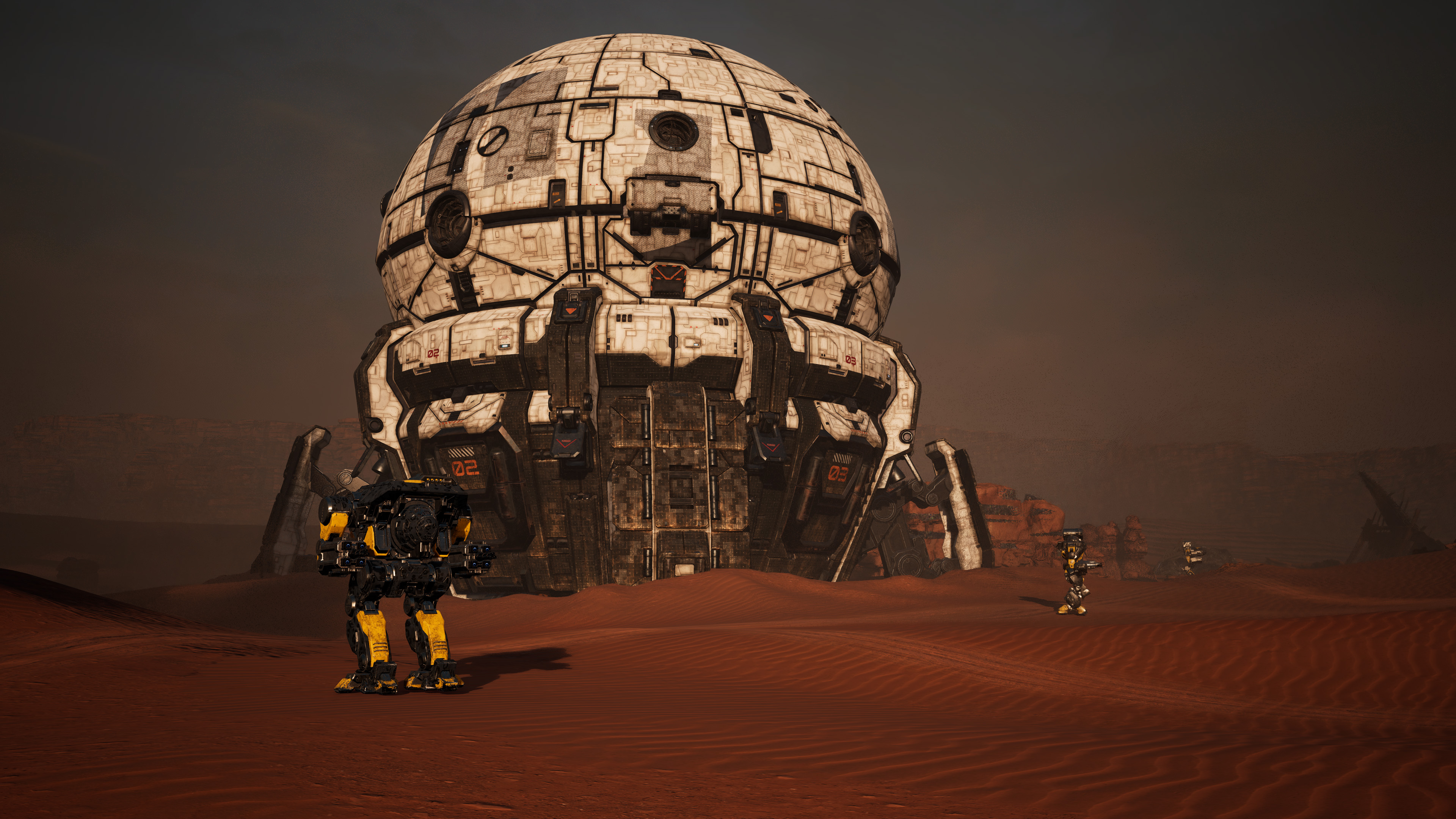 A line of yellow and black mechs in front of a dropship.