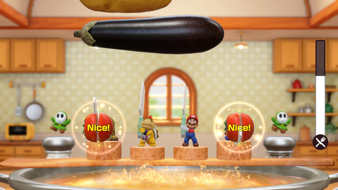 Characters from Super Mario Party Jamboree engage in a minigame that involves slicing vegetables