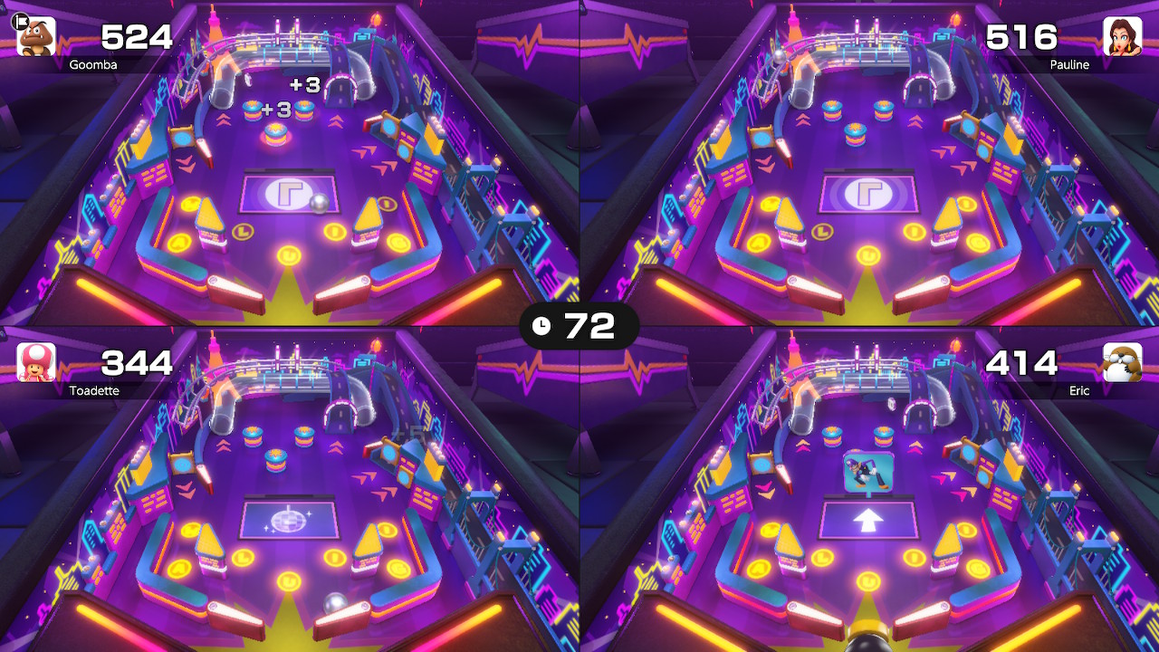 A four-player splitscreen screenshot of Super Mario Party Jamboree’s minigame featuring a Waluigi-themed pinball machine