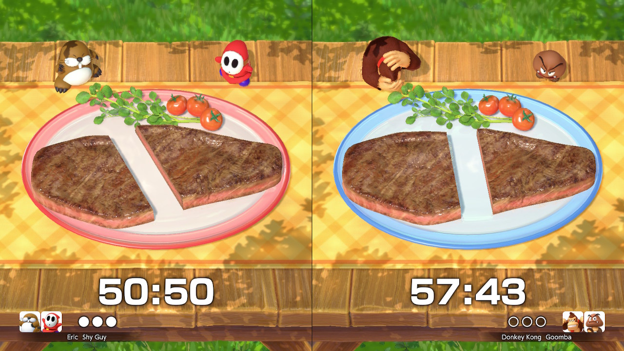 Characters from Super Mario Party Jamboree engaging in a minigame that involves cutting a steak