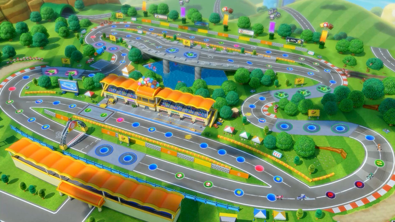 An isometric view of a big racetrack from Super Mario Party Jamboree