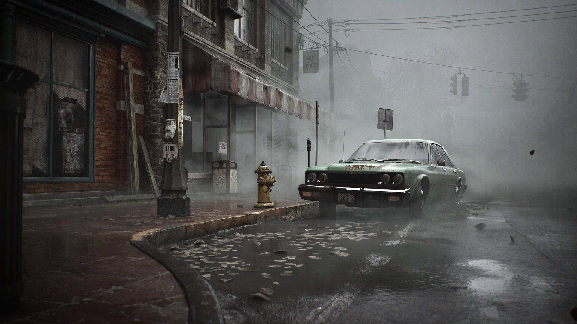 A grimy green car on the streets of Silent Hill in a screenshot from Bloober Team’s Silent Hill 2 remake