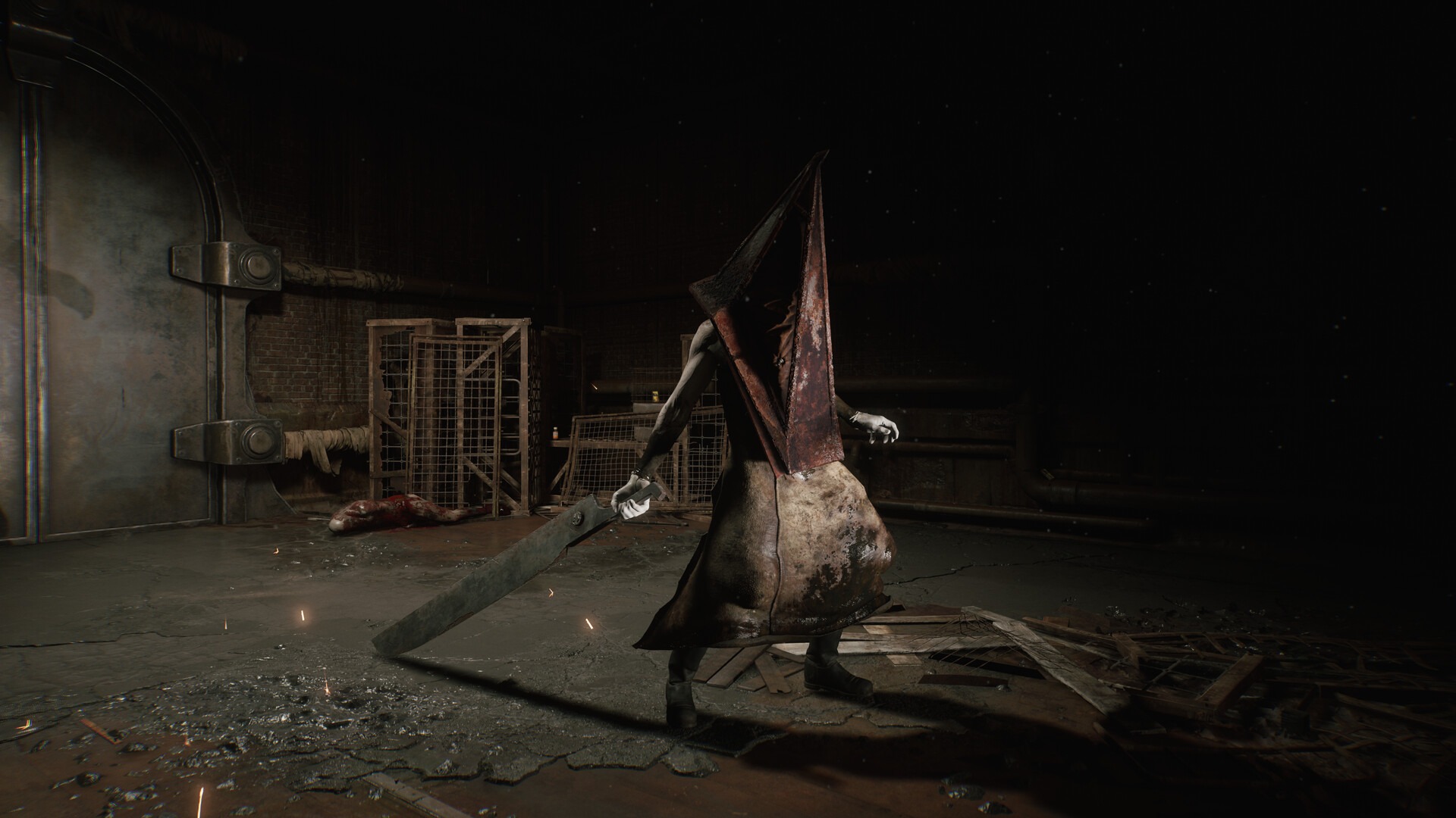 Pyramid Head stands in the darkness, holding a massive blade