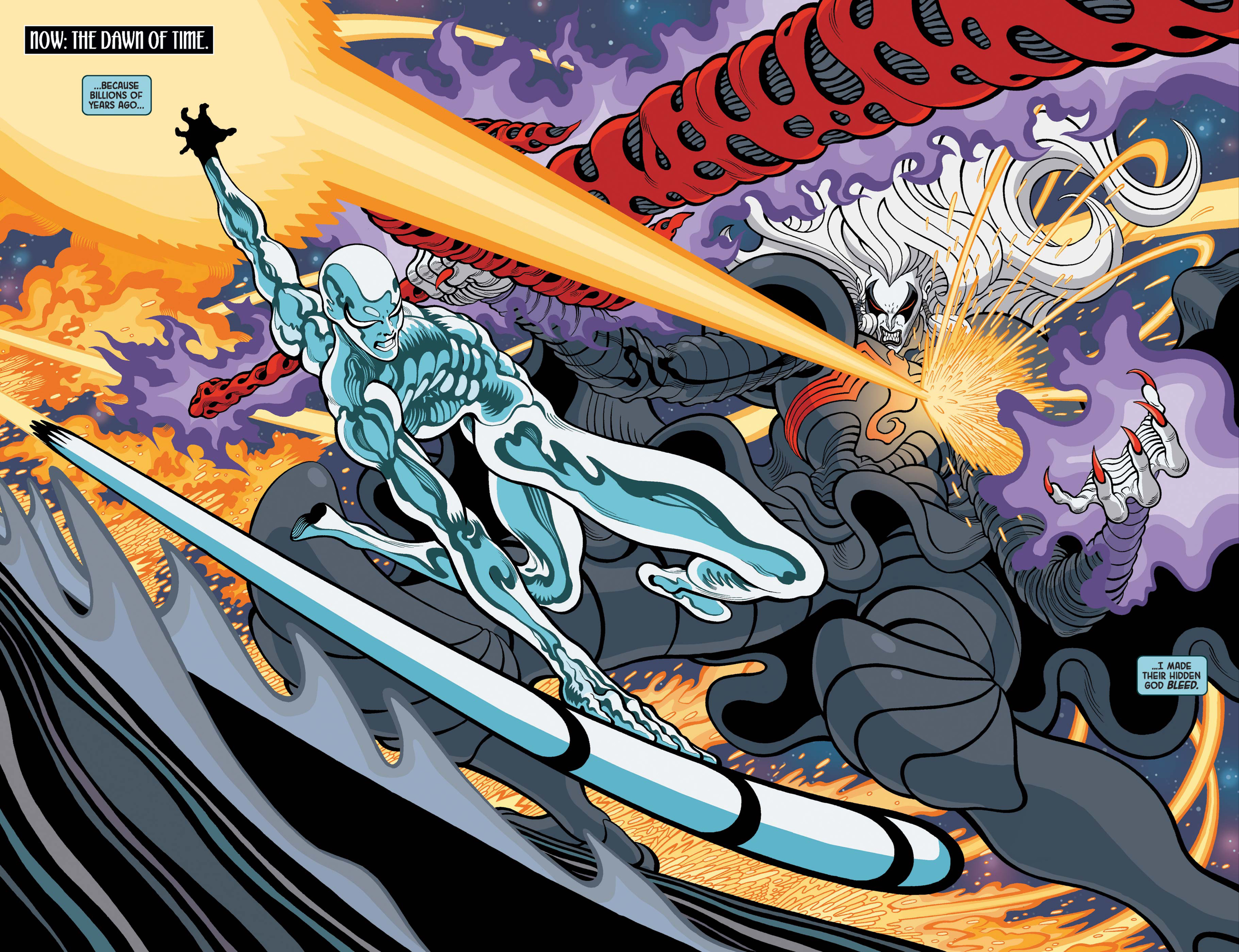 The Silver Surfer battles Knull at the dawn of time in Silver Surfer: Black (2019).