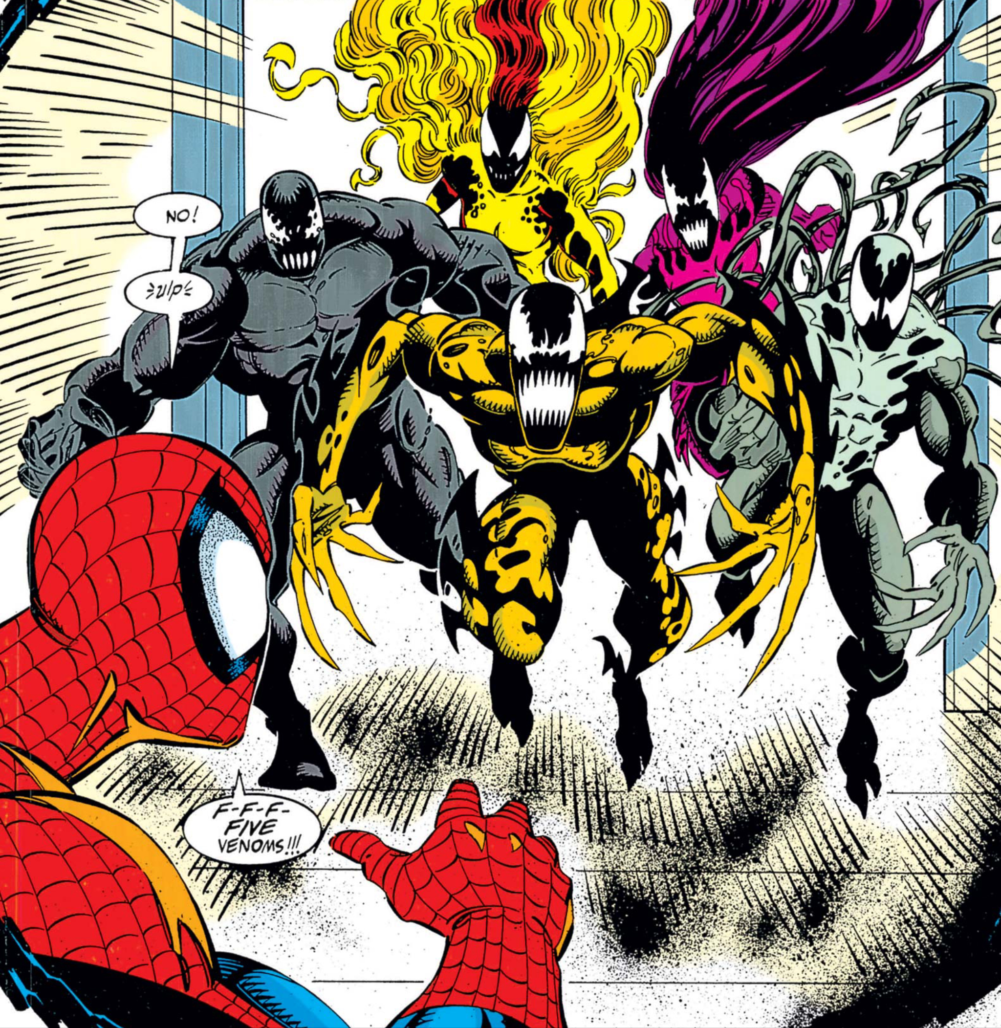 “No!” Spider-Man gulps in fear, “F-f-f-five Venoms!!!” as he beholds (LtR) the Riot, Scream, Phage, Agony, and Lasher symbiotes, in Venom: Lethal Protector #5 (1993).