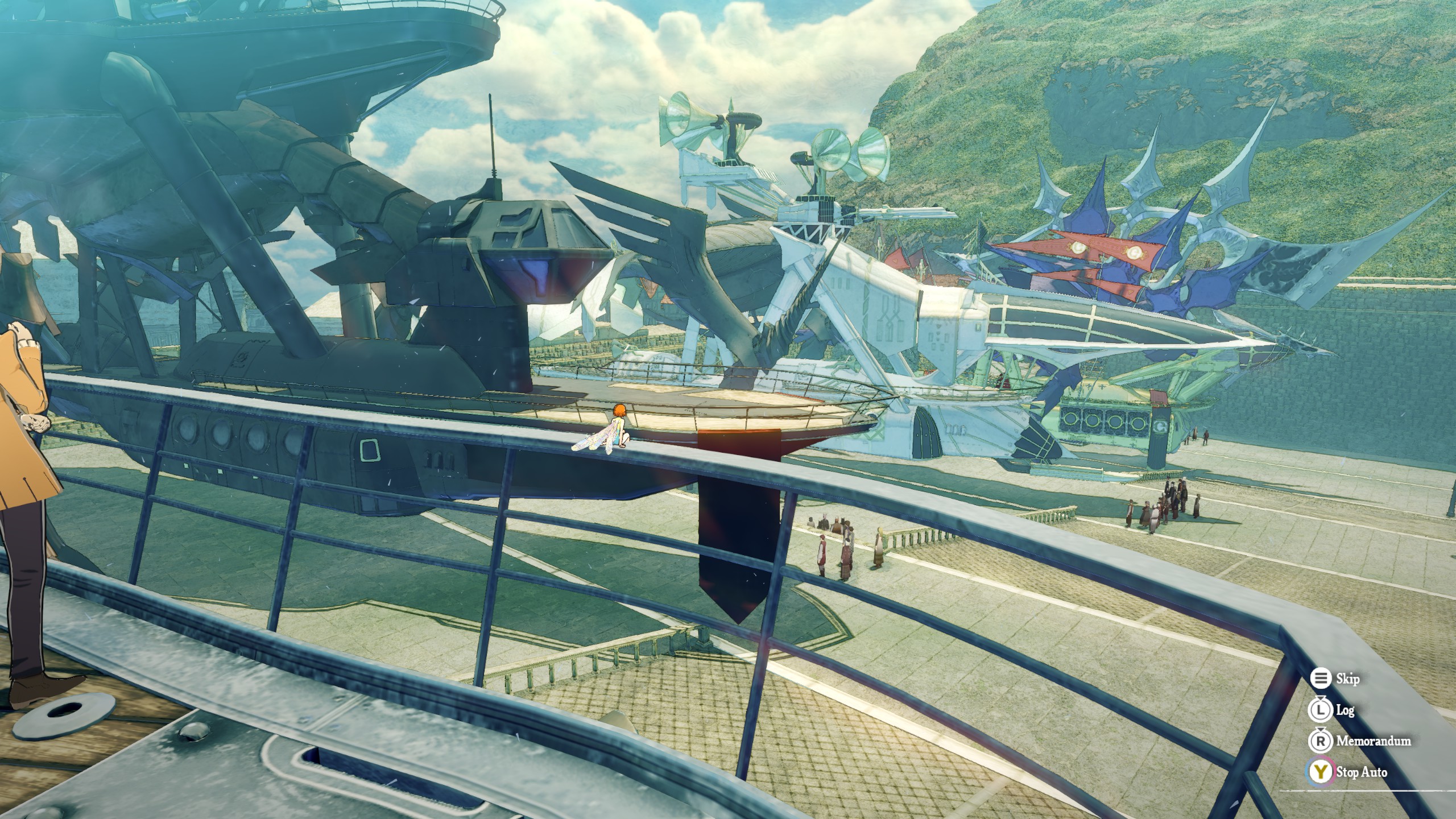 Fantastic looking ships with robot legs rest on a dock. The view is out over a balcony of your own ship